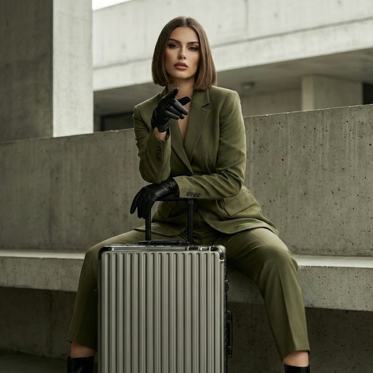 Woman in a green suit sitting with a silver suitcase against a concrete wall.