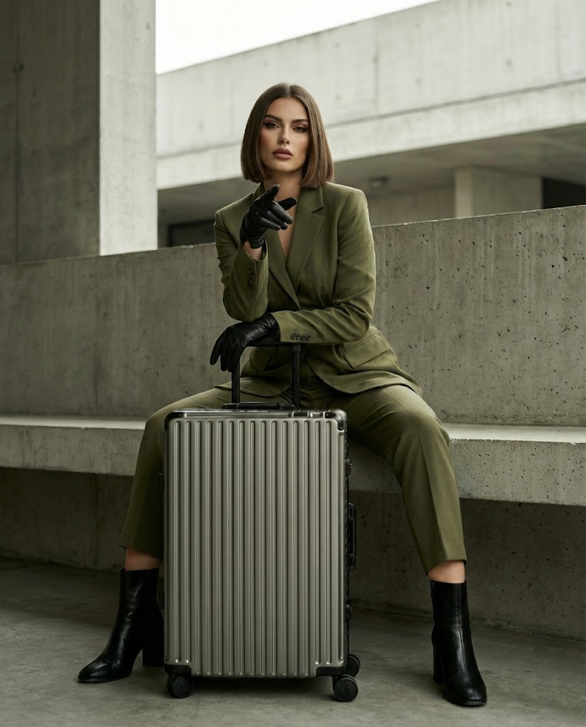 Woman in a green suit sitting with a silver suitcase against a concrete wall.