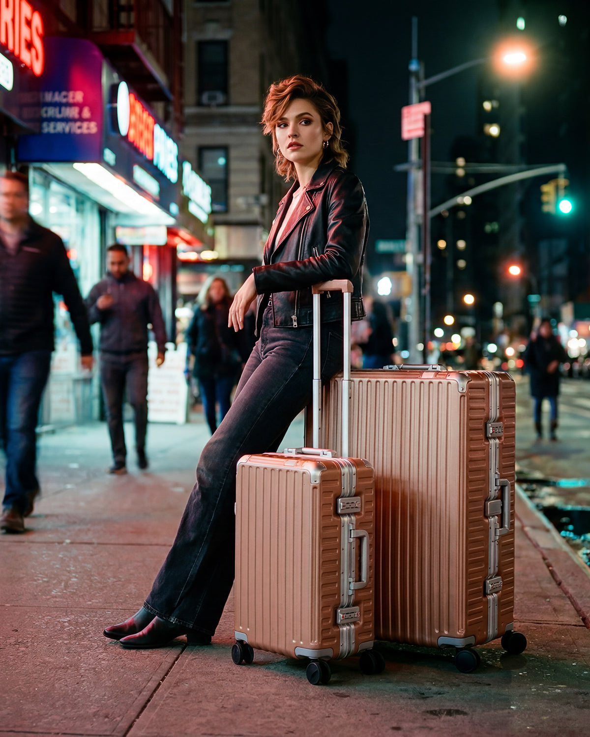 Woman with Portar luggage sets on a city street at night