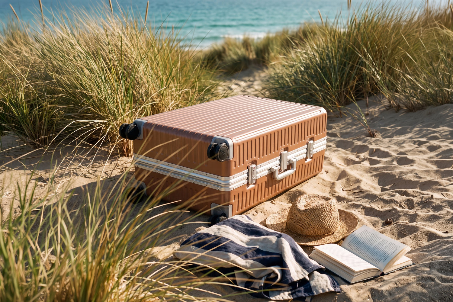 A Portar polycarbonate suitcase sits on sandy beach dunes with grass, ocean water in the background, and a straw hat, towel, and open book nearby.
