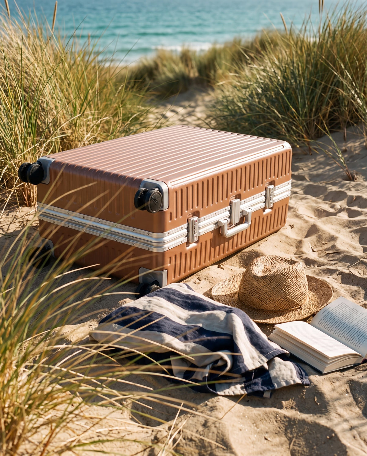 A Portar Valence Polycarbonate suitcase in a Mocha Mousse Brown tone sits on sandy beach grass with the ocean in the background. A straw hat, folded blue-and-white striped towel, and open book are placed nearby on the sand.