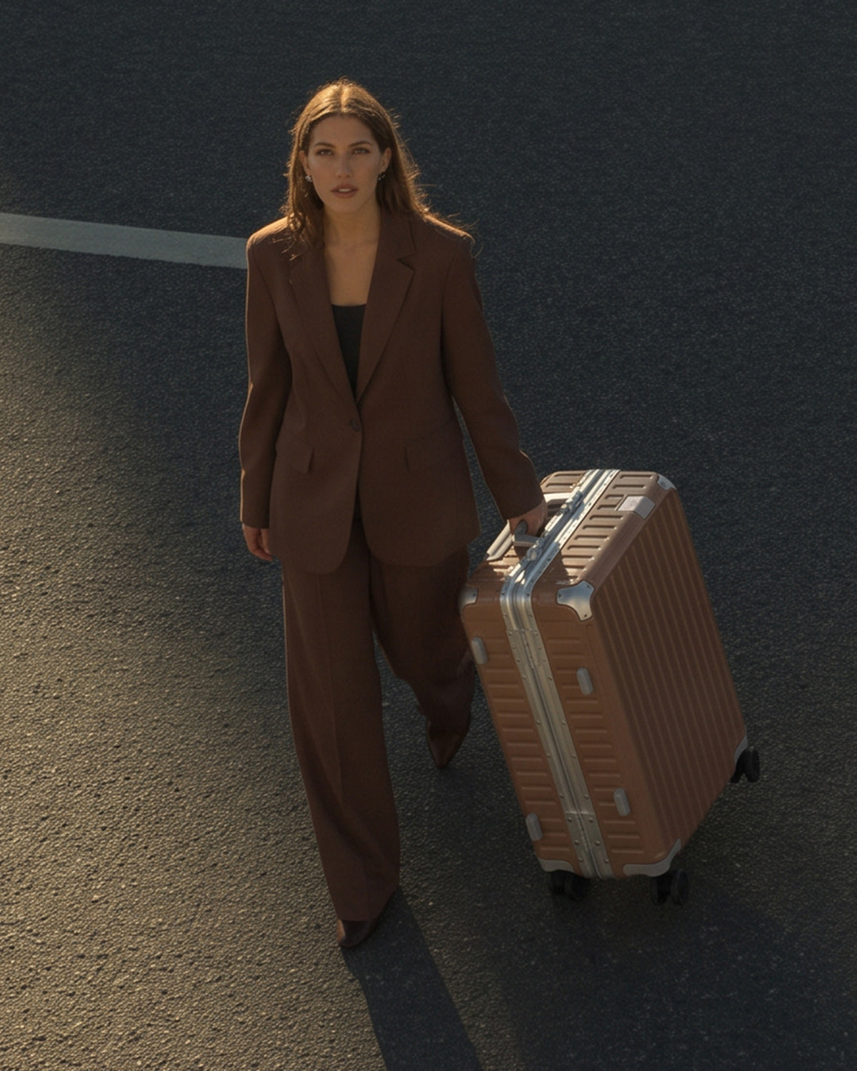 Valence Portar Polycarbonate shell with aluminum EdgeFrame check-in suitcase in Mocha Mousse Brown color being carried by Woman