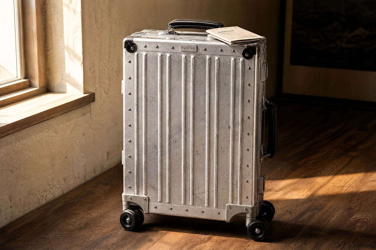 A patinated Lunar Silver aluminum Portar Lucent carry-on stands by a window on a wood floor, its shell marked with the wear of years of use.